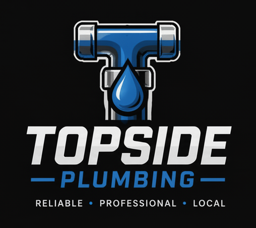 Crop only the center logo from this image: the blue T-shaped pipe with a water drop, "TOPSIDE PLUMBING" text in white and blue, and "RELIABLE • PROFESSIONAL • LOCAL" tagline below. Black background. Remove the left circular logo and the right mascot logo entirely. Just the center logo isolated on a black background.